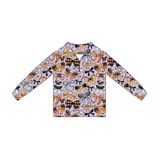 Preorder (moq 5)Baby Girls Long Sleeve Ghost Bows Halloween Zip Pullovers Top