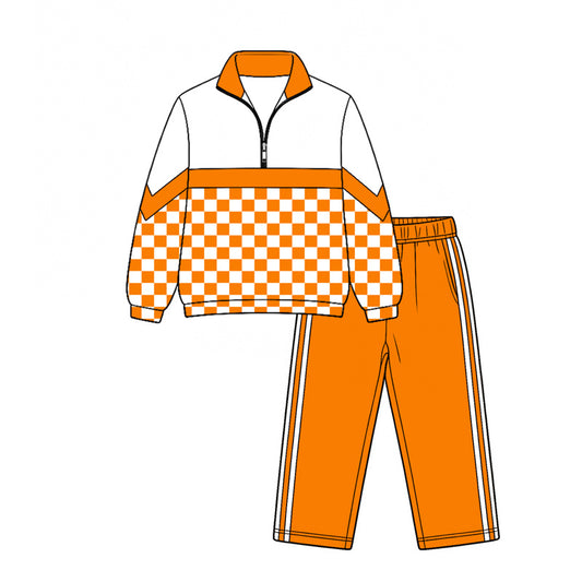 Preorder (moq 5)Baby Boys Orange Checked Zip Pullover Top Pant Team Clothes Sets