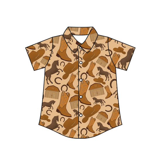 Preorder moq 10 Baby Boys Short Sleeves Brown Horses Boots Button Shirts Top