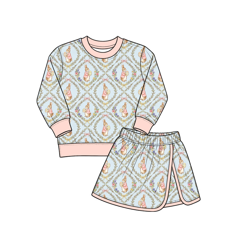 Preorder (moq 5) Girls Easter Color-Block Bunny Sweatshirt & Skirt two way zip convertible, Kids Casual Plaid Outfit