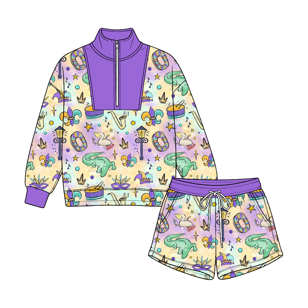 Pre-order(moq5) Kids’ Carnival Half-Zip Top & Shorts 2-Piece Set, Purple Little Dinosaur Mask Print Festival Outfit