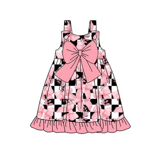 Preorder (moq 5)Baby Girls Checkered Pink Bows Ruffle Knee Length Dresses