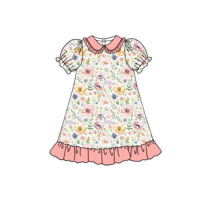 Preorder(moq 5) Baby Girls Short Sleeve Colorful Floral Collar Ruffle Knee Length Dresses