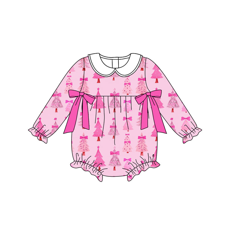 Preorder moq 5 Baby Infant Girls Hot Pink Long Sleeves Christmas Trees Plaid Ruffle Romper