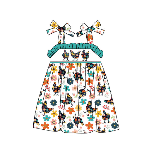 Preorder (moq 5)Baby Girls Chicken Flowers Straps Knee Length Dresses