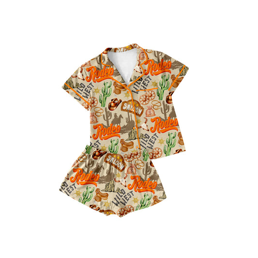 Preorder (moq 5)Baby Girls Khaki Short Sleeves Button Pocket Cactus Hats Top Shorts Wild Western Pajamas Set
