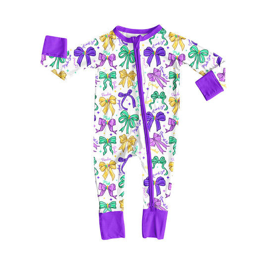 Preorder(moq 8)Baby Girls Mardigras Bows Stars Zipper Footie Rompers