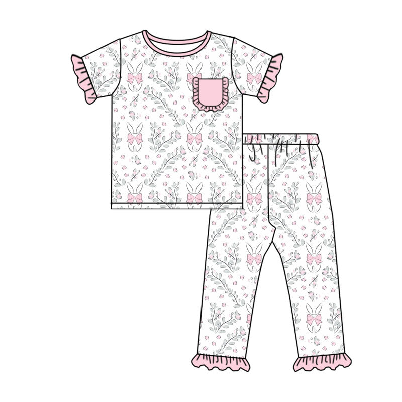 Preorder (moq 5)Baby Girls Pink Flowers Rabbits Top Ruffle Pants Easter Pajamas Sets