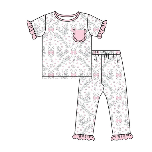 Preorder (moq 5)Baby Girls Pink Flowers Rabbits Top Ruffle Pants Easter Pajamas Sets