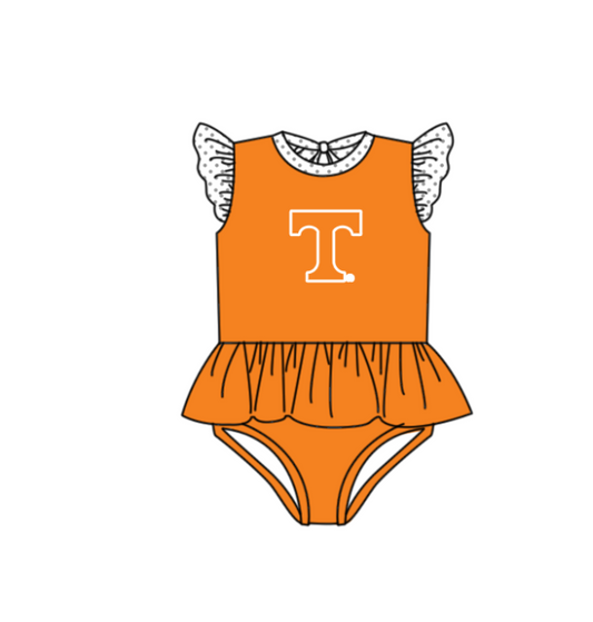 Preorder moq 5 Baby Girls Orange Flutter Sleeve T Team Swimsuits