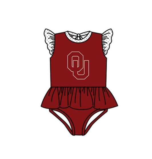 Preorder moq 5 Baby Girls Red Flutter Sleeve OU Team Swimsuits