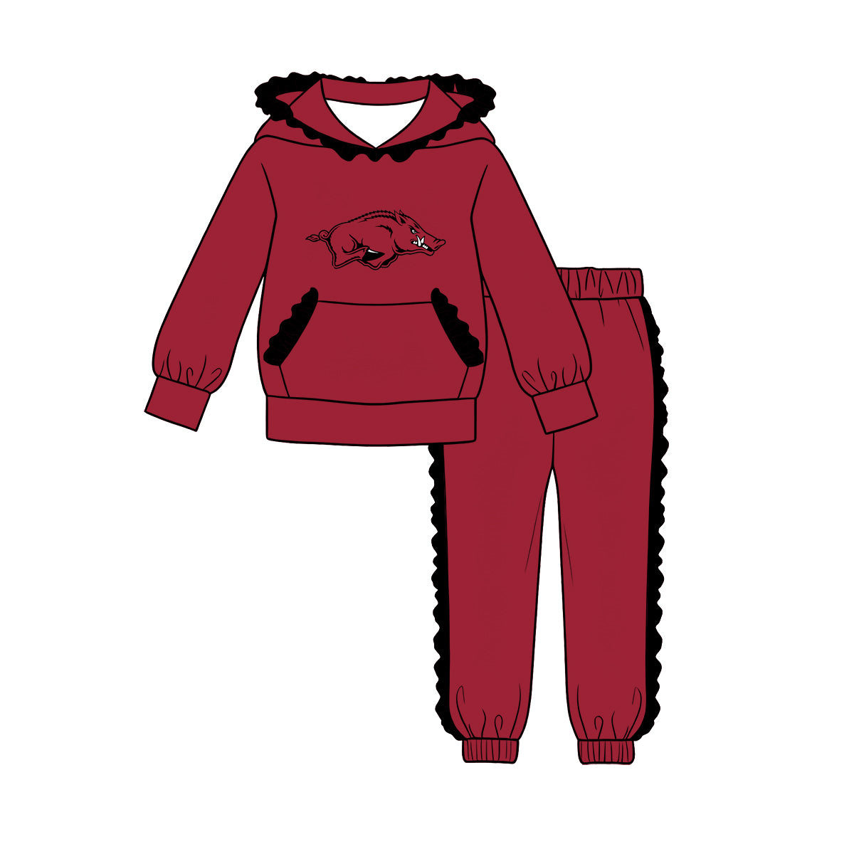 Preorder (moq 5) Baby Girls’  Red Team Pocket Hoodie & Ruffle Joggers Set
