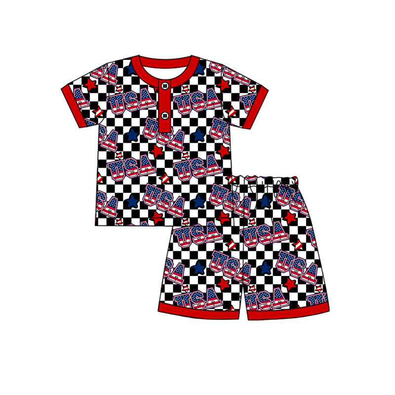 Preorder moq 5 Baby Boys Short Sleeves Black Stars USA Button Top Short 4th Of July Pajamas Set