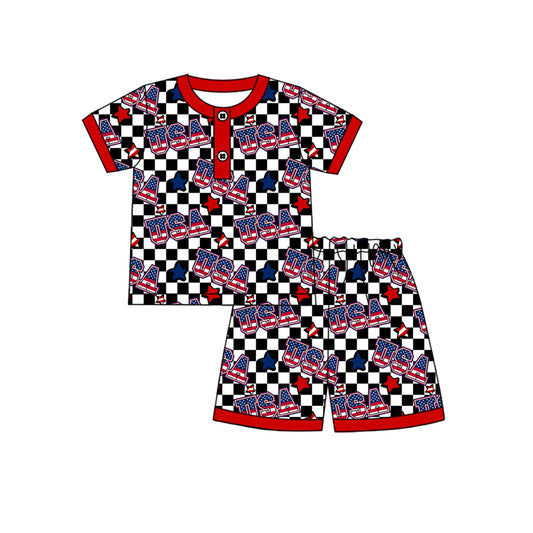 Preorder moq 5 Baby Boys Short Sleeves Black Stars USA Button Top Short 4th Of July Pajamas Set
