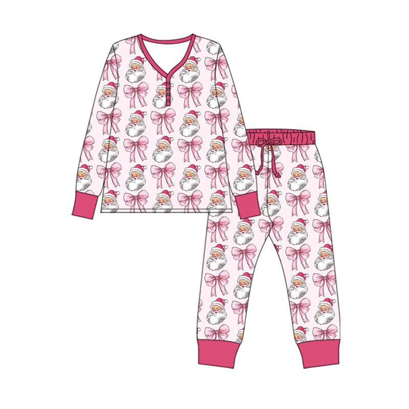 Preorder (moq 5)Baby Girls Pink Santa Bows Button Top Pants Christmas Pajamas Sets