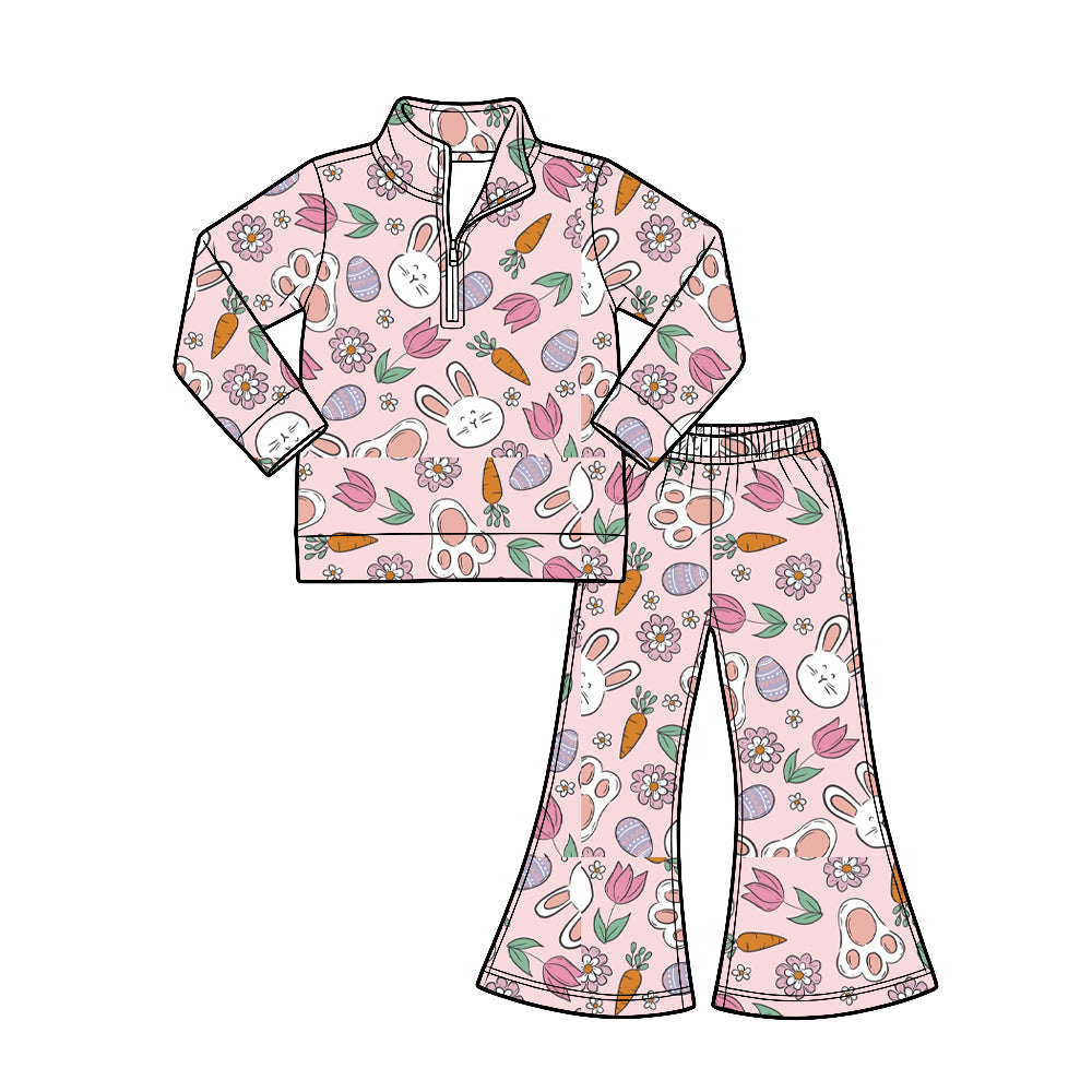 Preorder (moq 5) Baby Girl Clothes Easter Bunny Floral Print Long‑sleeve Quarter Zip Top Flare Pants Set