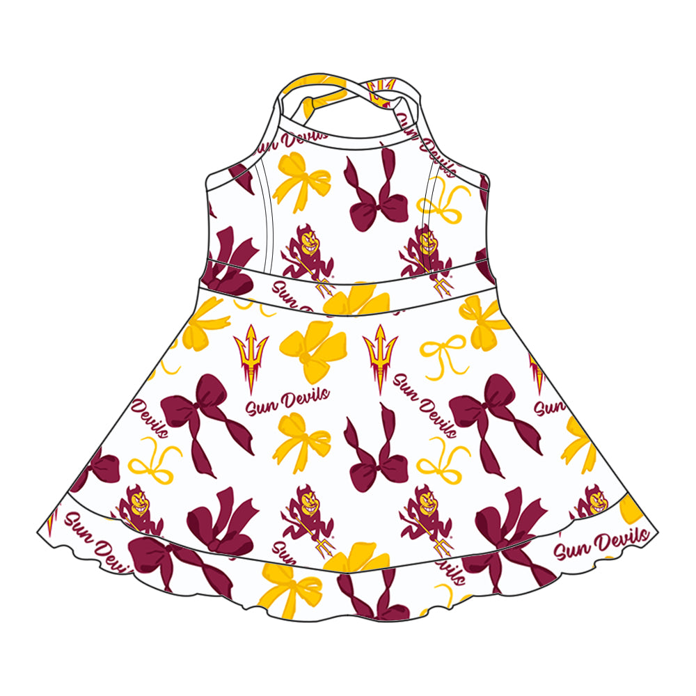 Preorder (moq 5)Baby Girls Strap Sun Devils Bows Plaid Short Ruffle Team Knee Length Dresses