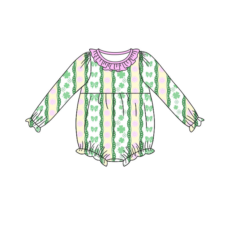 Preorder (moq 5) Baby Girl Clothes St Patrick's Day Clover Bow Floral Lace Striped Print Long Sleeve Ruffle Bubble Romper