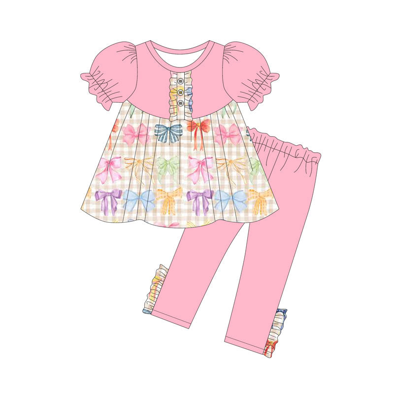 Preorder (moq 5)Baby Girls Colorful Bows Checked Button Tunic Legging Pants Clothes Sets