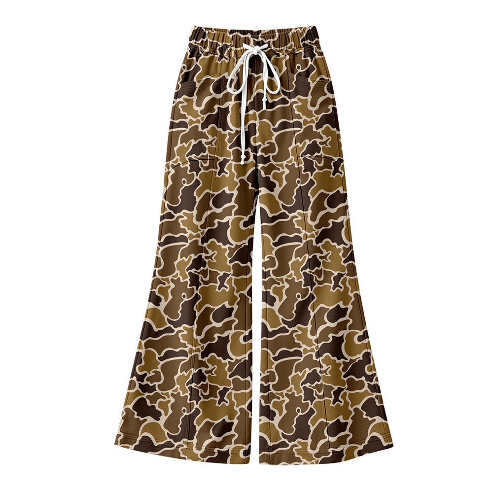 Preorder (moq 5) Women Clothes Retro Brown Abstract Camo Print High Waist Flare Bell Bottom Pant