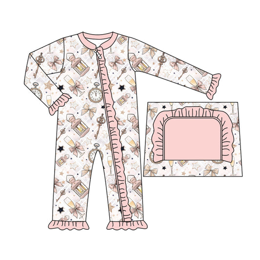 Preorder(moq 5)Baby Kids Pink Bows Key Stars Ruffle Zipper Pant Rompers