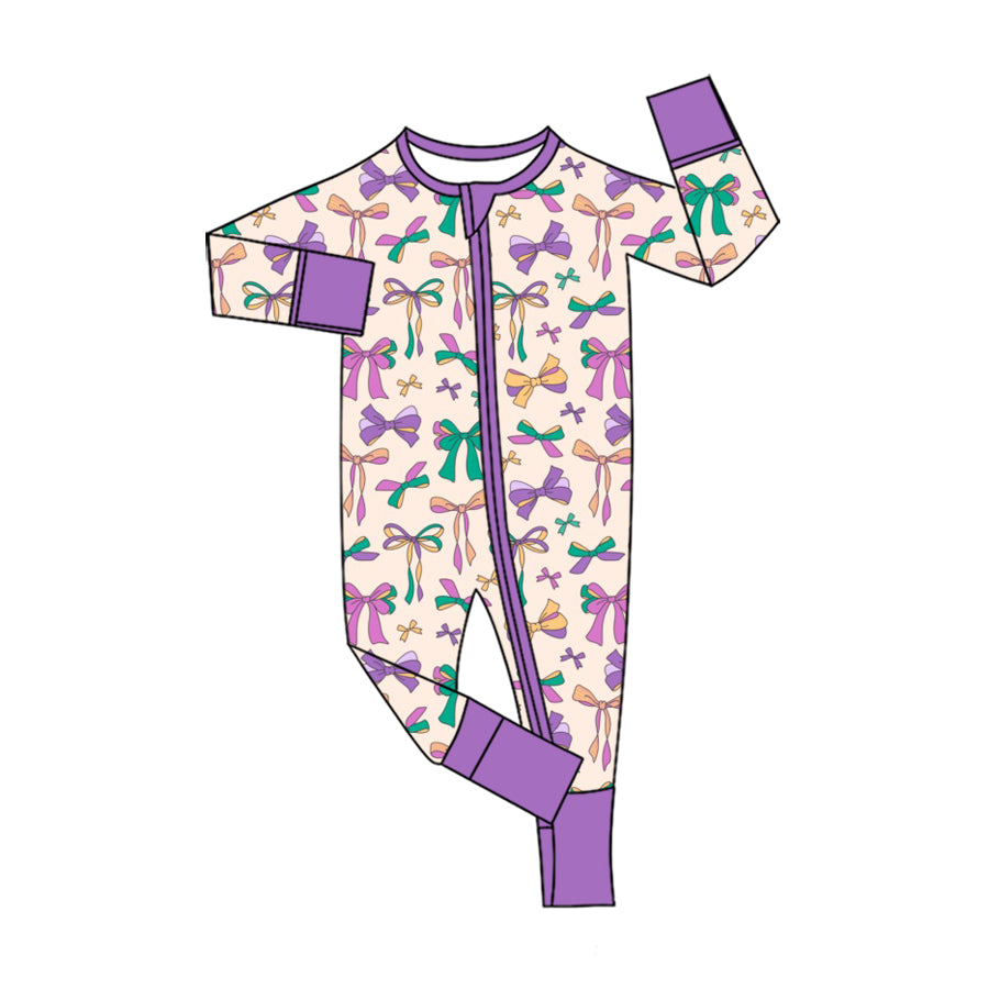 Preorder (moq 5) Baby Girl Clothes Mardi Gras Pastel Bow Print Long Sleeve Zipper Romper
