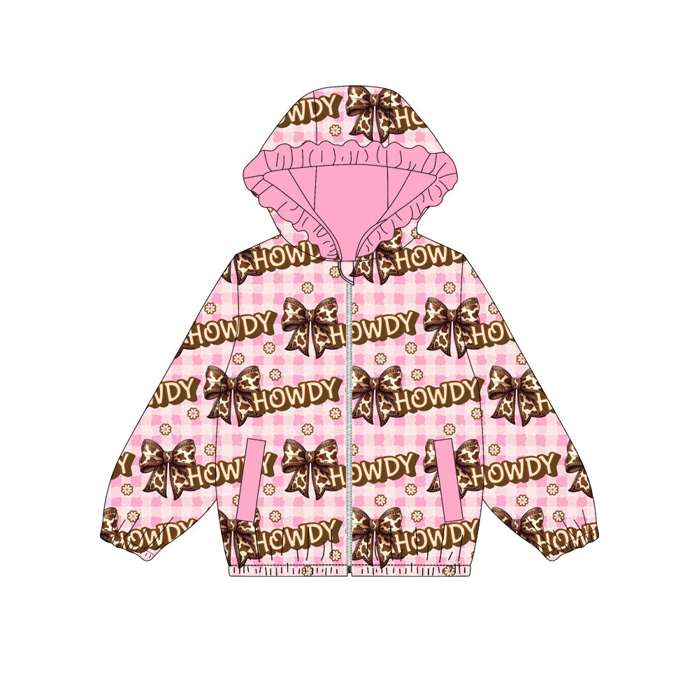 Preorder (moq 5)Baby Girls Pink Checked Bows Howdy Pockets Zipper Ruffle Hoodies Jackets Top