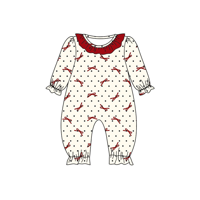 Preorder (moq 5)Baby Girls Red Bows Polka Dots Valentine Ruffle Footie Rompers