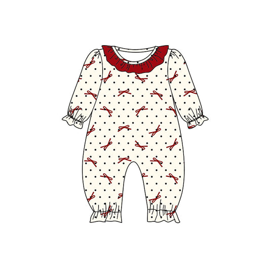 Preorder (moq 5)Baby Girls Red Bows Polka Dots Valentine Ruffle Footie Rompers