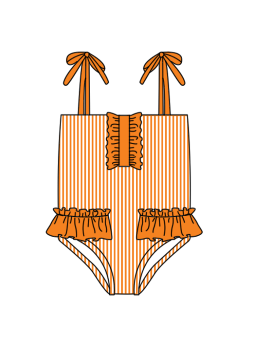 Preorder moq 5 Baby Girls Strap Orange Stripe Team Swimsuits