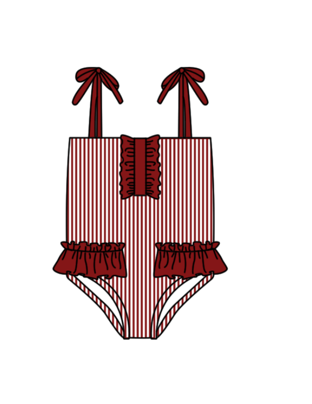 Preorder moq 5 Baby Girls Strap Red Stripe Team Swimsuits