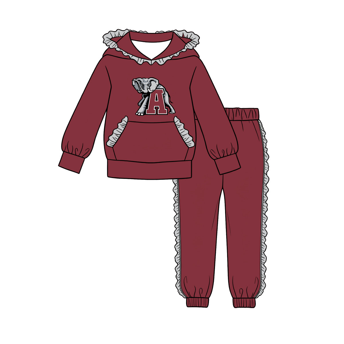Preorder (moq 5) Baby Girls’ Dark Red Team Pocket Hoodie & Ruffle Joggers Set