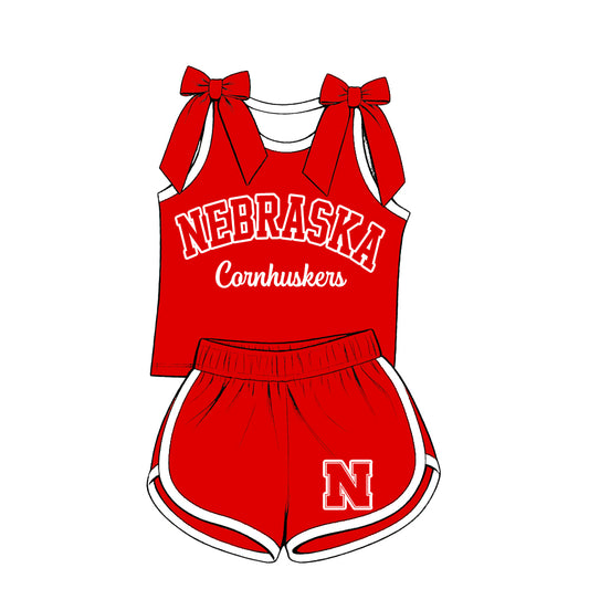 Preorder (moq 5) Baby Girls Red Bows Nebraska Vest Short Team Clothes Set