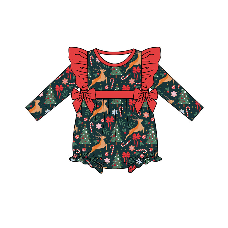 Preorder (moq 5)Baby Girls Long Sleeves Deer Candy Cane Bows Ruffle Romper