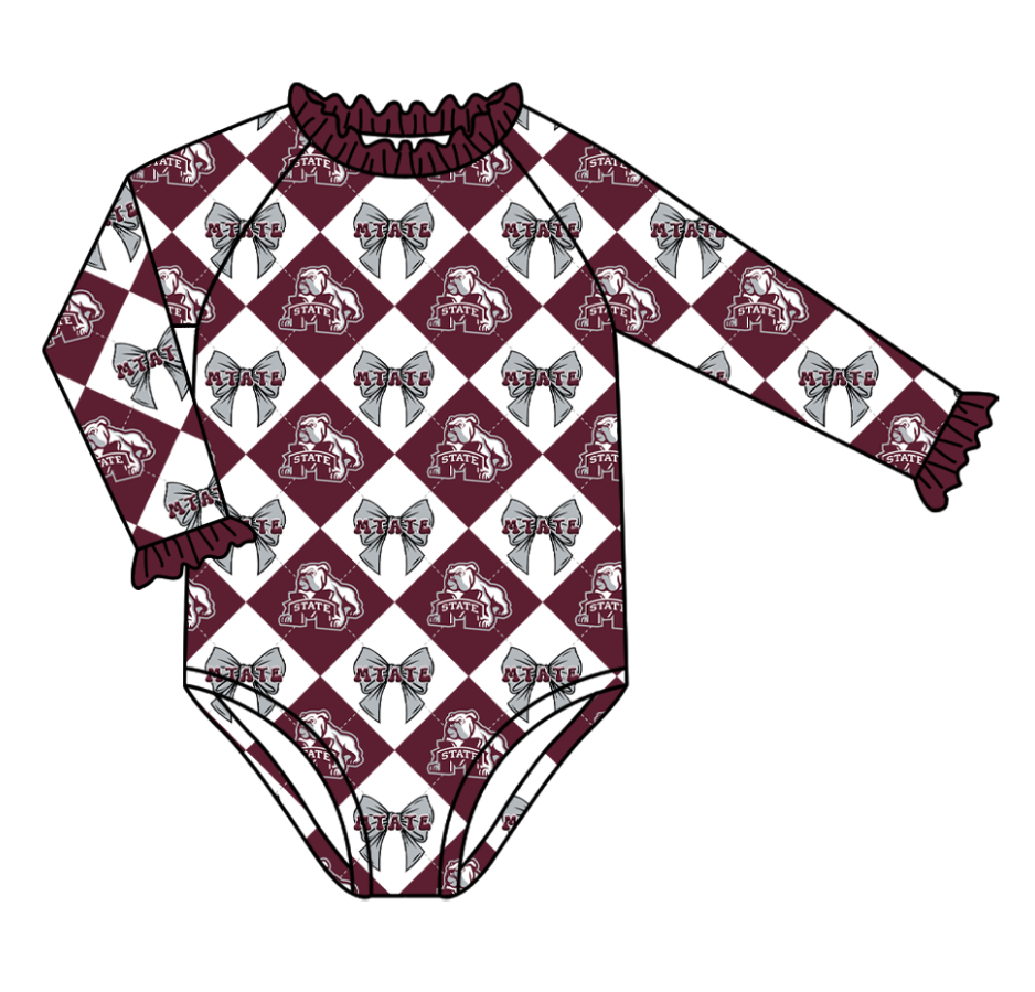 Preorder (moq 5)Baby Girls Long Sleeve M State Bows Team Ruffle Rompers