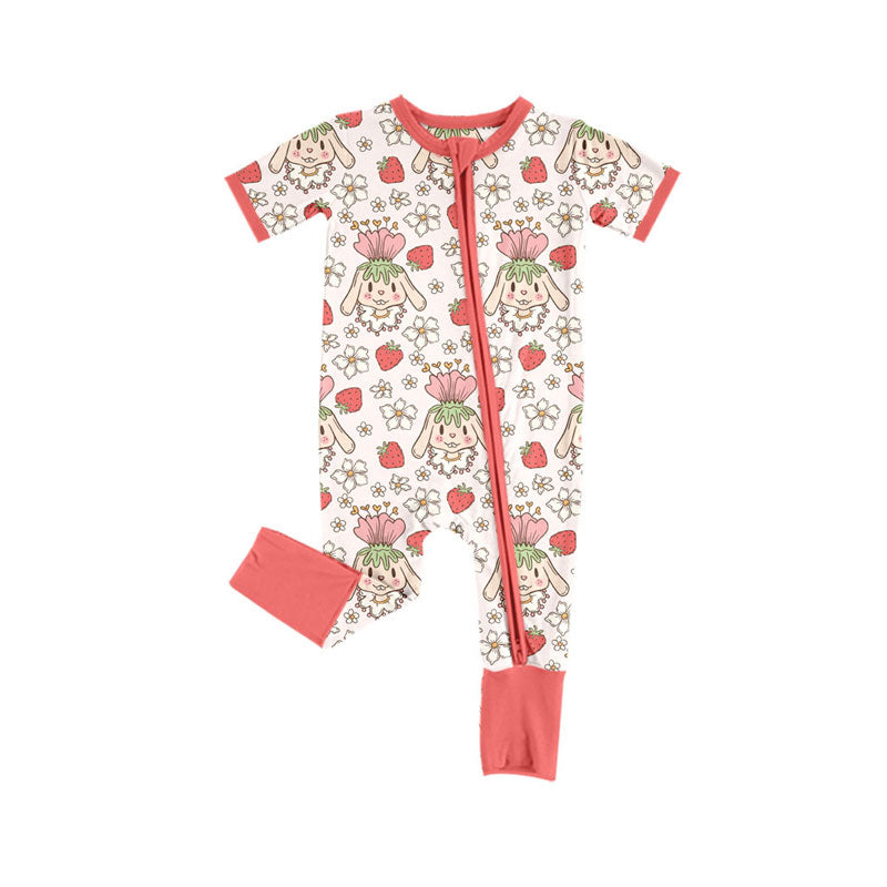 Preorder (moq 5)Baby Girls Flowers Rabbits Easter Zipper Footie Rompers