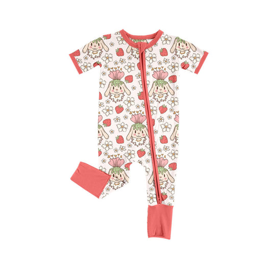 Preorder (moq 5)Baby Girls Flowers Rabbits Easter Zipper Footie Rompers