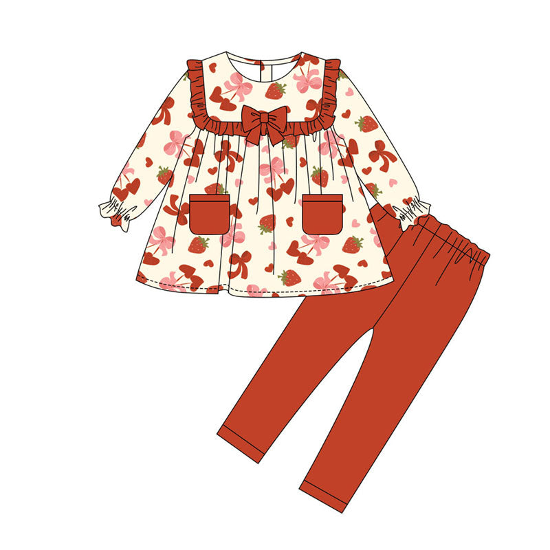 Preorder(moq 8)Baby Girls Hearts Strawberry Pocket Tunic Leggings Valentine Clothes Sets
