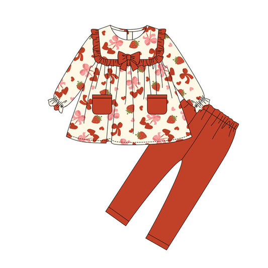 Preorder(moq 8)Baby Girls Hearts Strawberry Pocket Tunic Leggings Valentine Clothes Sets