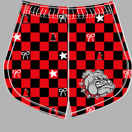 Preorder (moq 5)Baby Girls Black Red Checked Bulldogs Cheer Team Shorts Bottoms