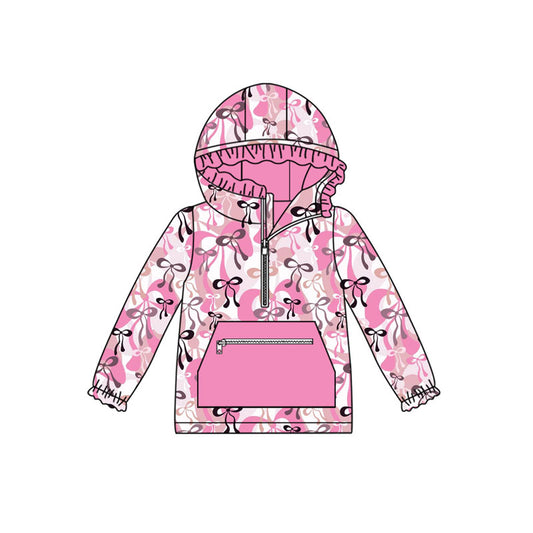 Preorder(moq 8)Baby Girls Pink Black Bows Plaid Pocket Zipper Ruffle Hoodies Top