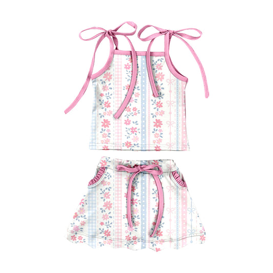 Preorder (moq 5)Baby Girls Bow Flowers Stripe Top Pockets Scallop Skirt Shorts Swimsuits Clothes Set