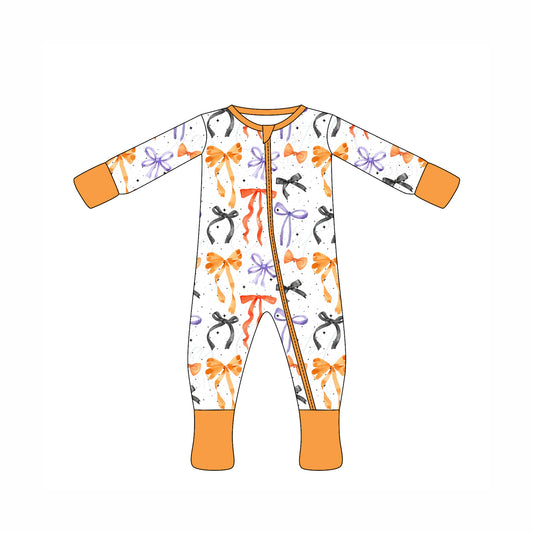 Preorder moq 10 Baby Kids Orange Long Sleeves Colorful Bows Zipper Pant Rompers