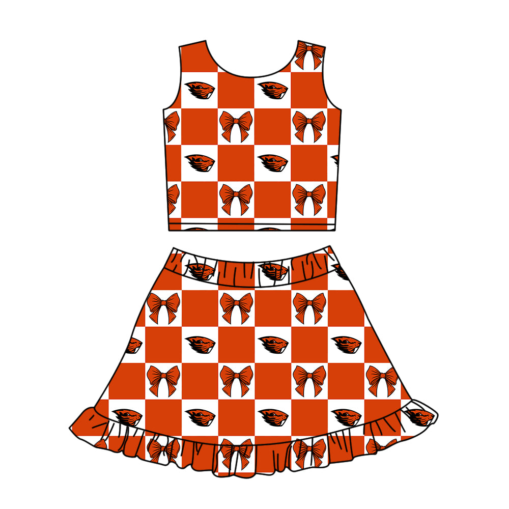 Preorder (moq 5)Baby Girls Oregon State Beavers Bows Checked Ruffle Skirt Short Team Clothes Sets