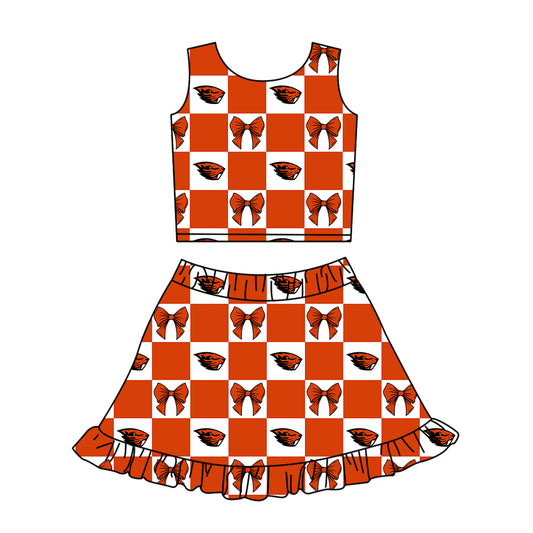 Preorder (moq 5)Baby Girls Oregon State Beavers Bows Checked Ruffle Skirt Short Team Clothes Sets
