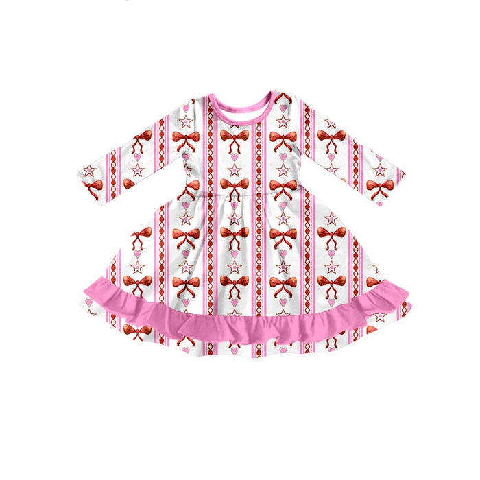 Preorder(moq 5) Baby Girls Pink Bows Hearts Stripe Valentine Ruffle Knee Length Dresses