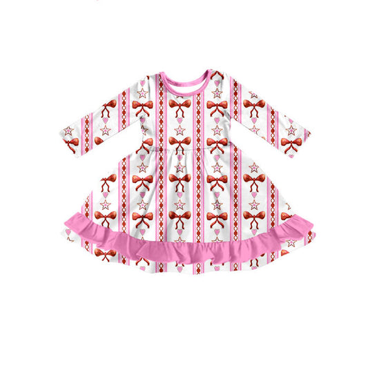 Preorder(moq 5) Baby Girls Pink Bows Hearts Stripe Valentine Ruffle Knee Length Dresses
