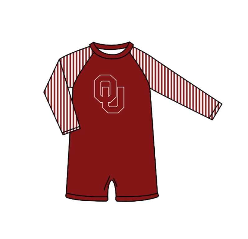 Preorder moq 5 Baby Boys Red Stripe Long Sleeve OU Team Swimsuits