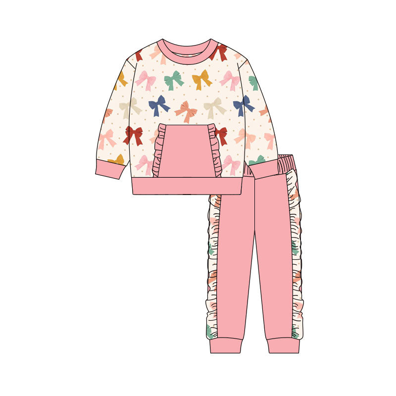 Preorder(moq 5) Baby Girls Colorful Bows Polka Dots Pocket Top Ruffle Pants Valentine Clothes Sets