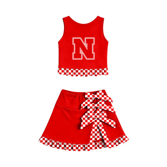 Preorder (moq 5) Baby Girls Nebraska Vest Bows Skirt Short Team Clothes Set